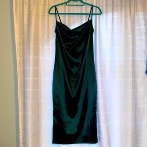 Sleeveless Spaghetti Strap Dark Green Satin Midi Dress